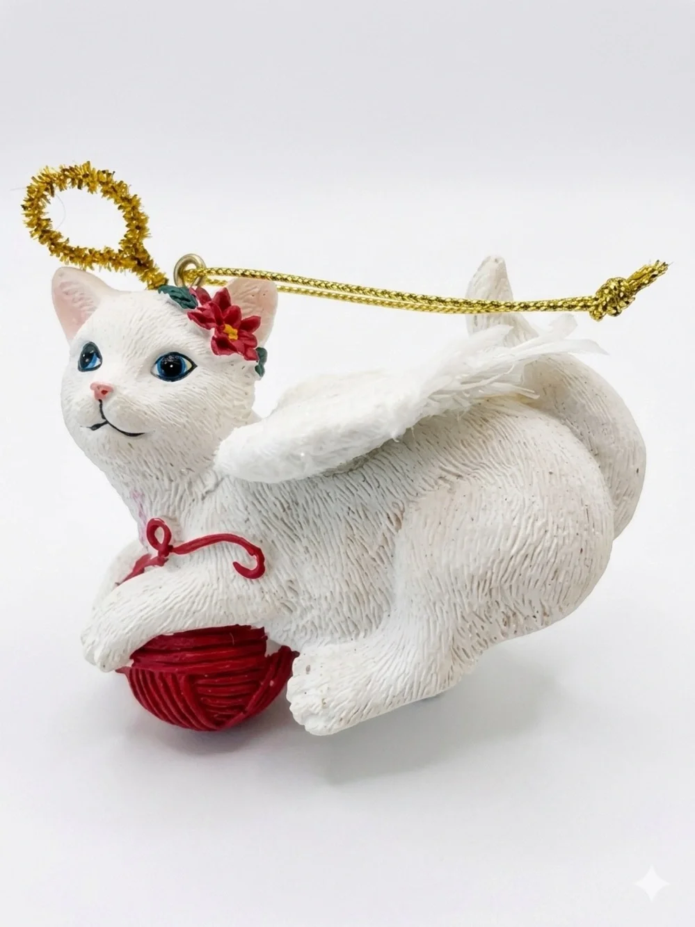 Vintage White Cat with Wings Red Ball of Yarn Ceramic Christmas Ornament 3”